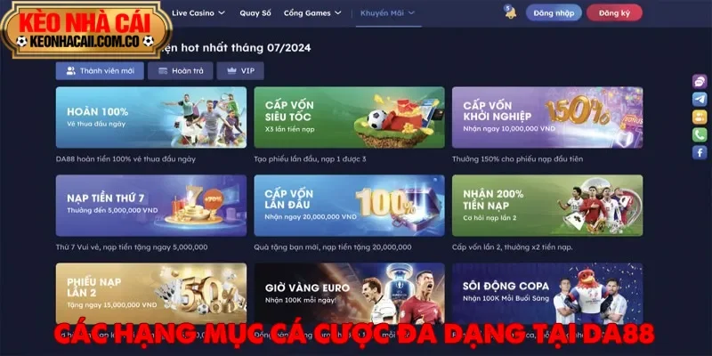 DA88 gây ấn tượng mạnh bởi hệ thống chuyên mục cá cược phong phú